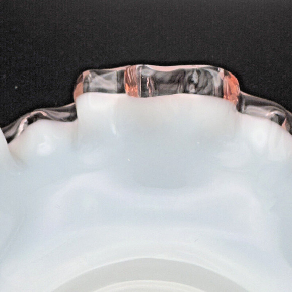 Vintage Fenton Rose Crest Milk Glass Bowl Dish Pink Ruffled Crimped Edges 6" - Picture 5 of 7